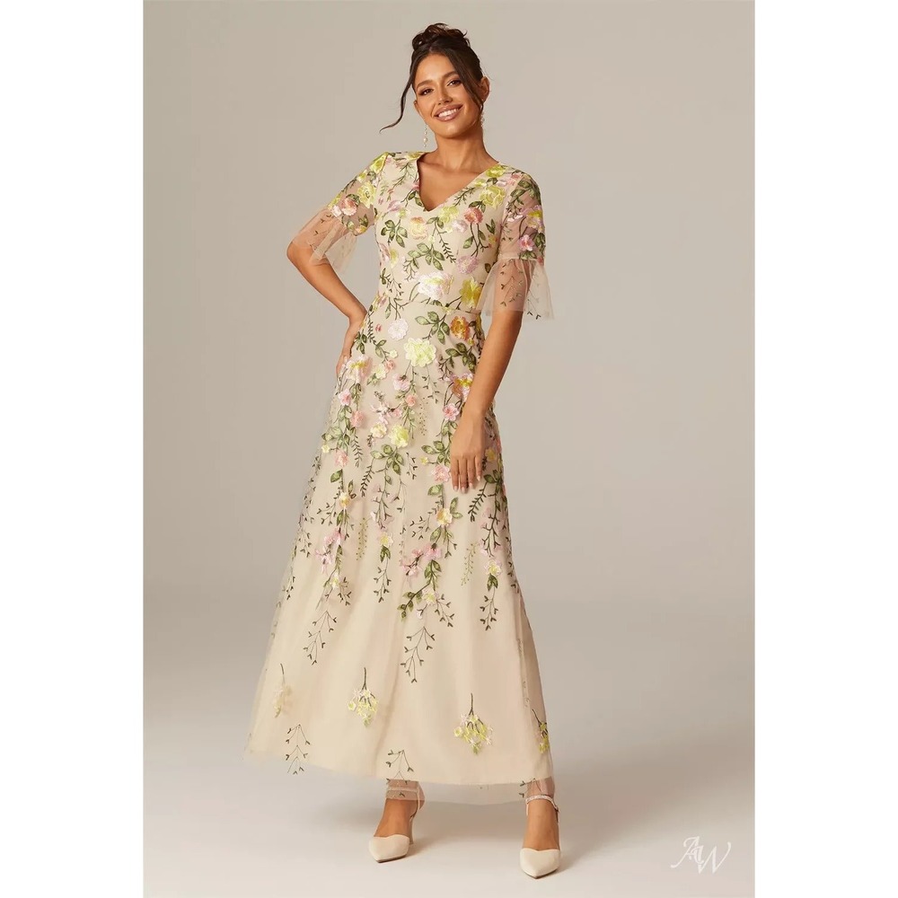 AW Bridal Floral Embroidered Tulle Maxi Dress V-Neck Flutter Sleeve Champagne 12